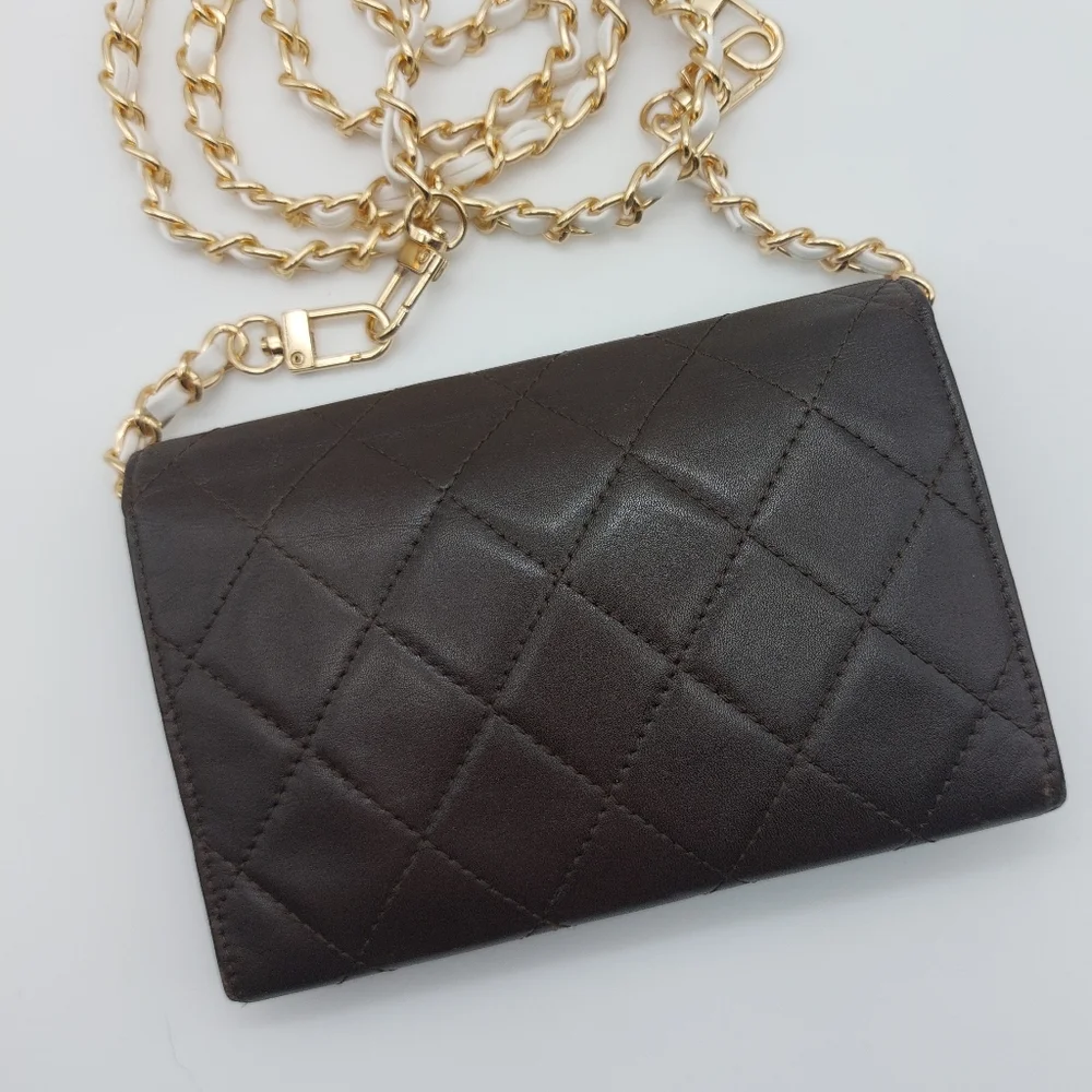 CHANEL Black & Tan Quilted Wallet-on-Chain with Gold Chain